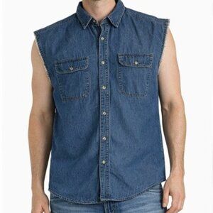 Hardwear Mens Denim Shirt Medium Blue Sleeveless Raw Cuff Button Up Pockets
